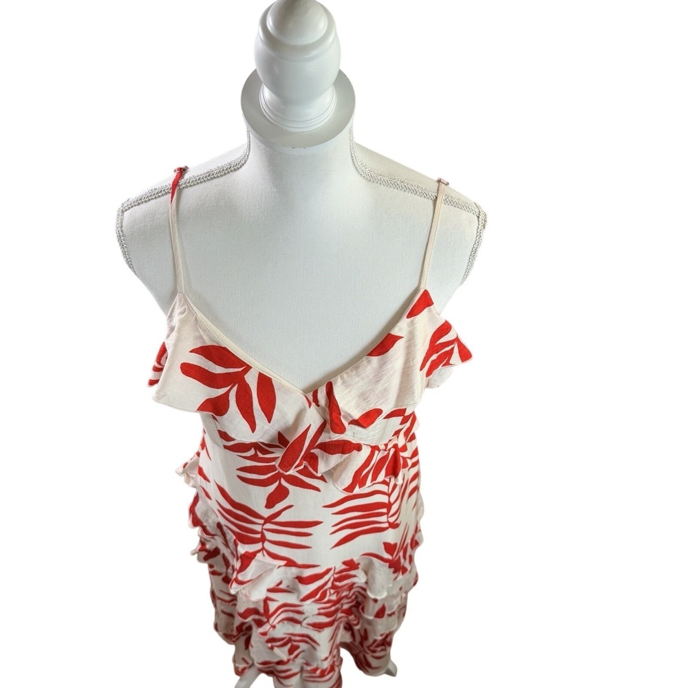 NWT Ember Women's Red & Cream Leaf Print Ruffle Sleeveless Sundress Size Large - Picture 4 of 12